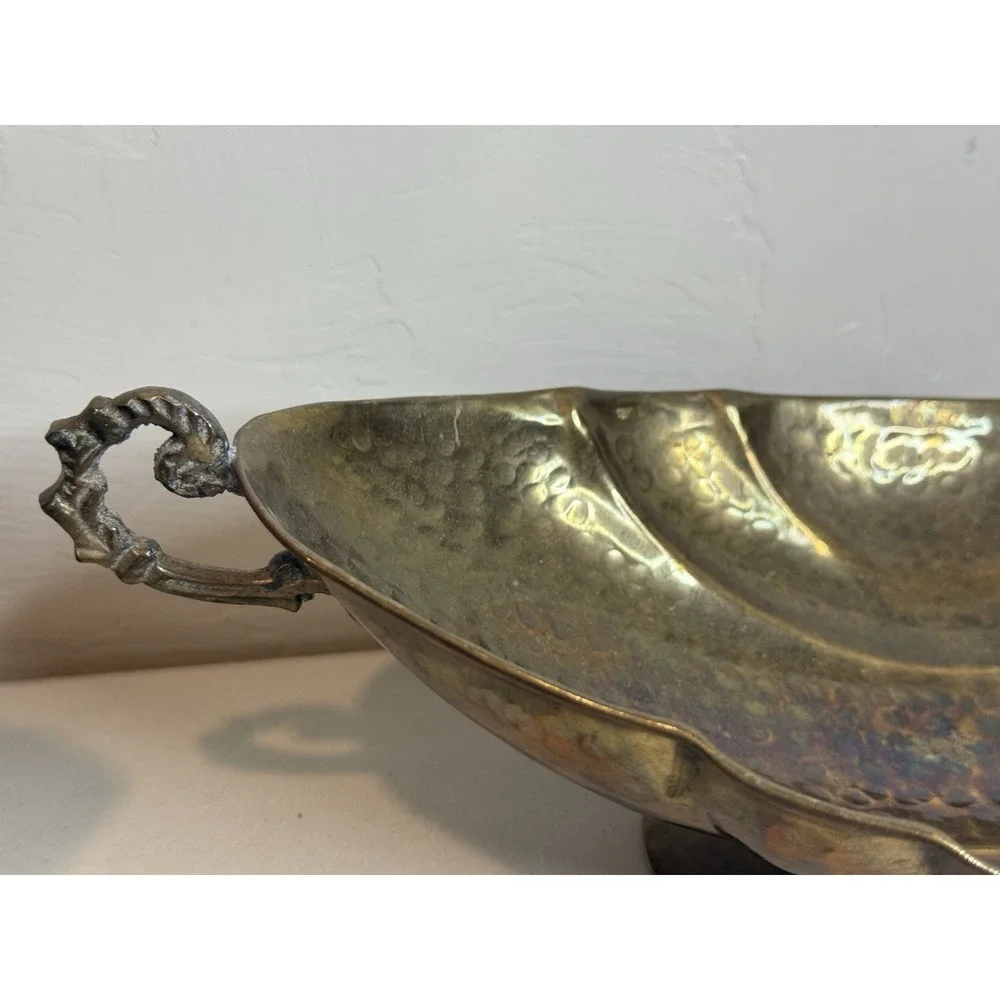 Vintage Hammered Brass Console Fruit Bowl with Side Handles & Scalloped Sides